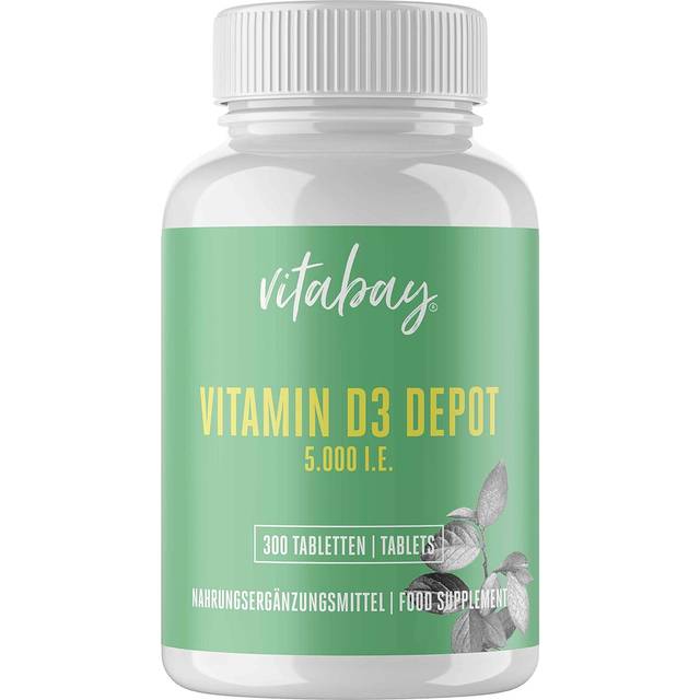 Vitabay Vitamin D3 Depot hög dosering 5000 IE – 300 veganer och laboratorietestade D-tabletter utan tillsatser – bidrar till att stödja immunsystemet och upprätthålla normala ben