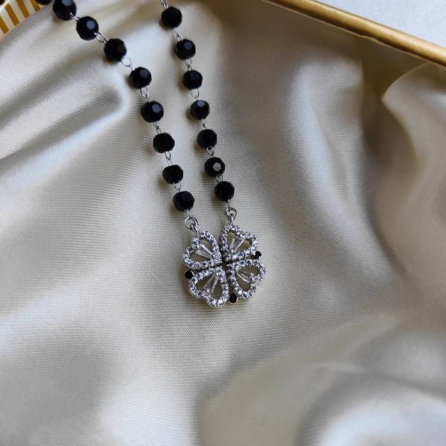 Black Bead Four Heart Magnet Foldable Zircon Mangalsutra Necklace - Silver - One Size