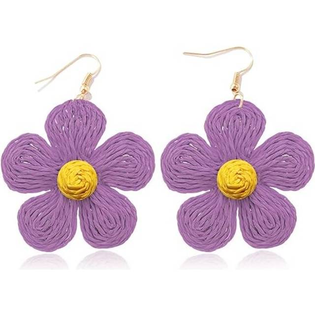 Rattan Flower Drop Earrings Boho Statement Colorful Handmade Raffia Straw Wrapped Dangle Earrings for Women - Purple