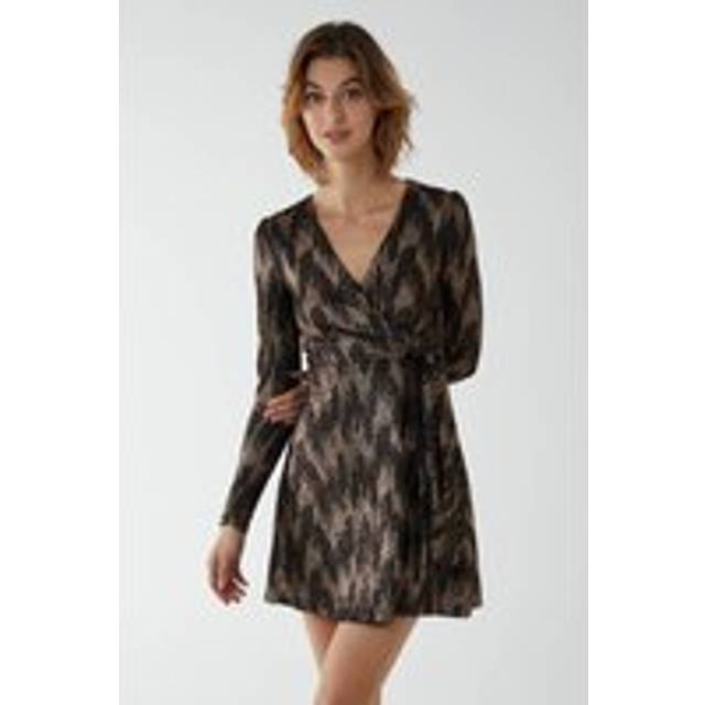 Womens Foil Zig Zag Puff Sleeve Swing Dress - Brown - 14