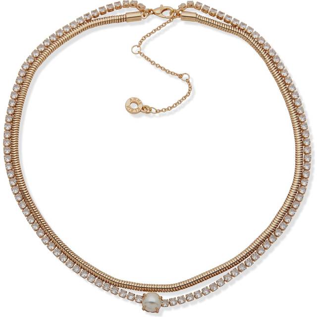 Anne Klein Women's Multi Row Crystal Necklace with Pearl in Gold Tone