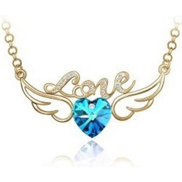 Womens Sky Blue Gold Love Pendant Necklace Angel Wings Crystal Stones