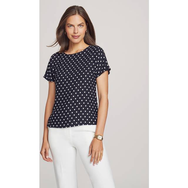 Anne Klein Women's Bateau Neck Short Sleeve Blouse in Anne Black/Anne White size Large