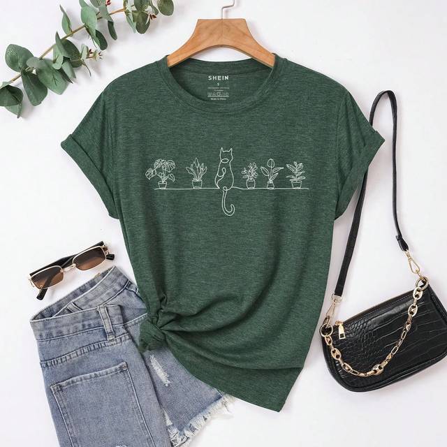 INAWLY Women&#39;s Cat & Floral Print Short Sleeve T-Shirt Graphic Tees Women Tops