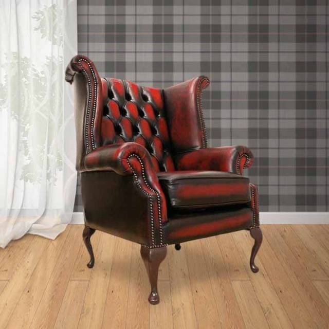 Chesterfield Queen Anne High Back Wing Chair Antique Oxblood Real Leather - Red
