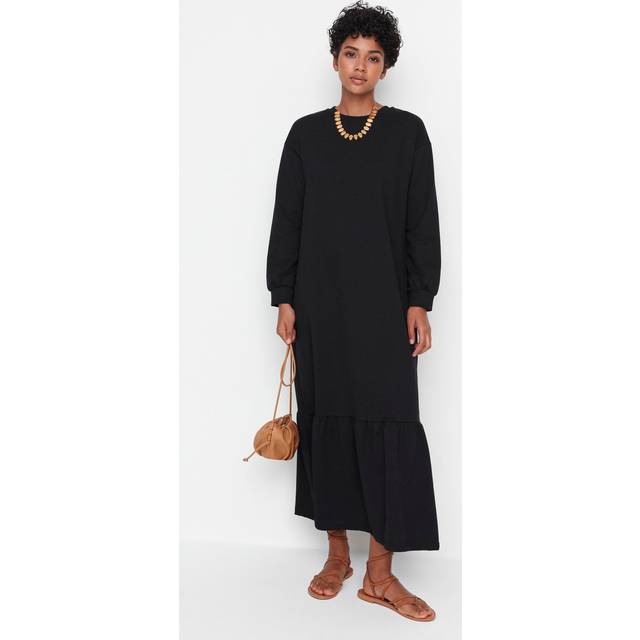 TRENDYOL Damdesign för kvinnor, maxi smock crew neck stickad klänning, svart, M