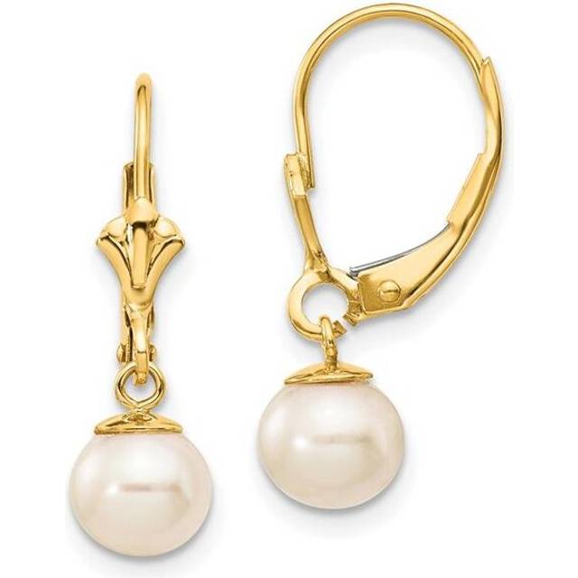 14K Yellow Gold 6-7 mm White Round Freshwater Cultured Pearl Leverback Earrings