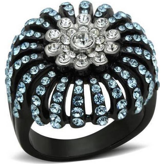 Alamode TK1442-8 Two-Tone IP Black Stainless Steel Ring with Top Grade Crystal, Sea Blue - Size 8