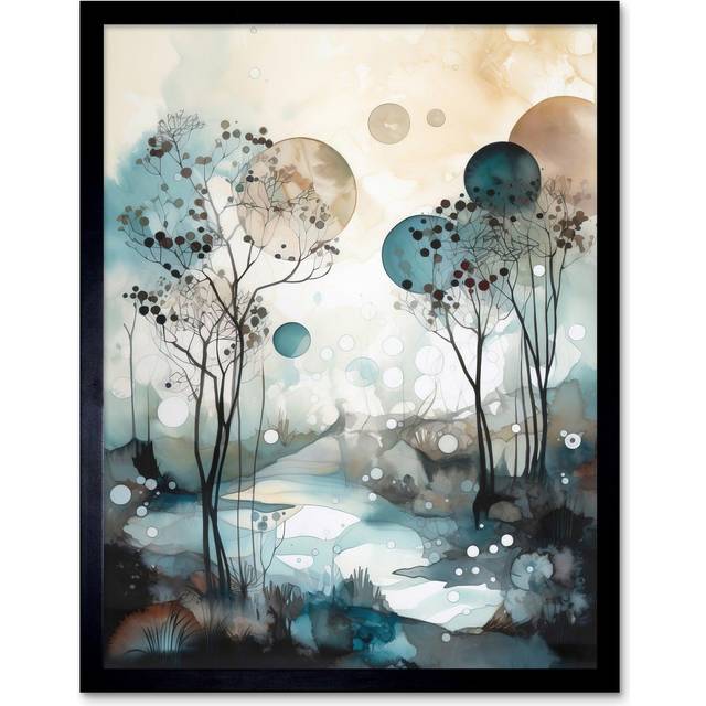 Wall Art Print Snowfall over Autumn Trees in Snowy River Dream Landscape Modern Watercolour Painting Art Framed - Black - W12 inch x H16 inch
