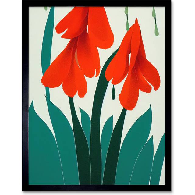Crimson Red Bloom Wild Flowers Teal Leaves - Picture Frame Graphic Art (25.9cm H X 20.6cm W)