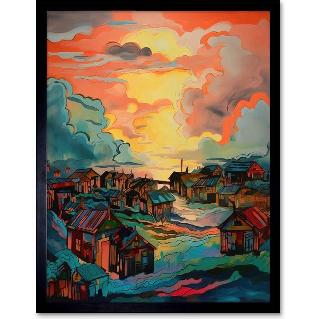 Wall Art Print Atmospheric Clouds Over Mono Fishing Village Cabins at Dawn Modern Watercolour Painting Art Framed - Black - W12 inch x H16 inch