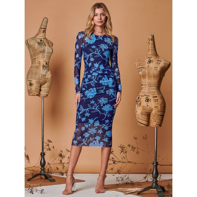 Long Sleeve Mesh Bodycon Maxi Dress - Navy - 18