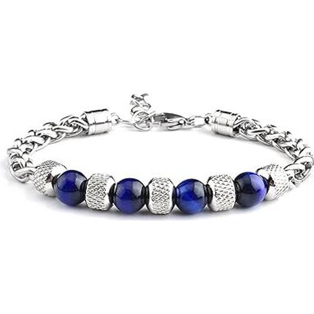 Women Men Charm 8MM Natural Stone Strand Bracelets Stainless Steel Link Chain Bangles Tiger eye Beaded Yoga Bracelet Male Jewelry Gifts - Blue