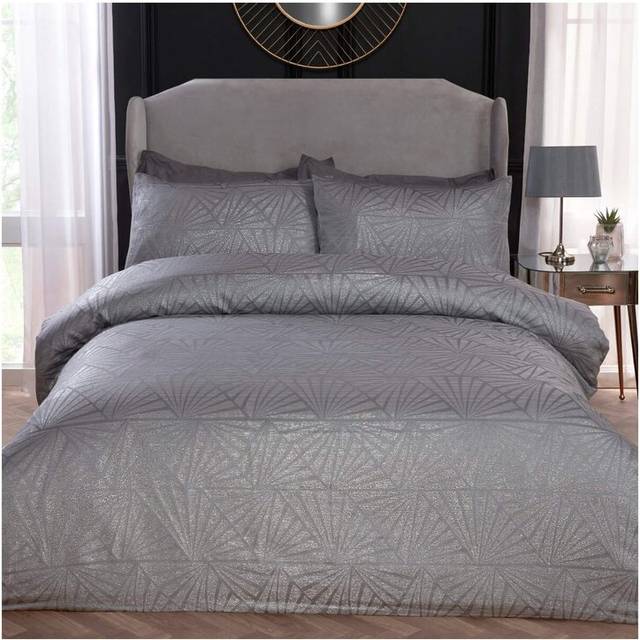 Luxury Hotel Quality Lurex Jacquard Geometric Deco Duvet Cover with Pillowcases - Natural - Single