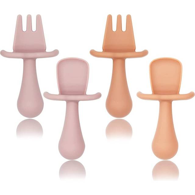 (Skin Pink + Brick Red) Baby Fork and Spoon Set, 4 Pcs Toddler First Self-Feeding Silicone Cutlery Kit with Anti Choke Barrier, Food-Safe Toddler Uten
