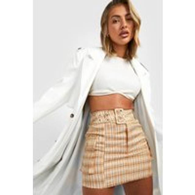 Womens Tartan Belted Cargo Mini Skirt - Beige - 6
