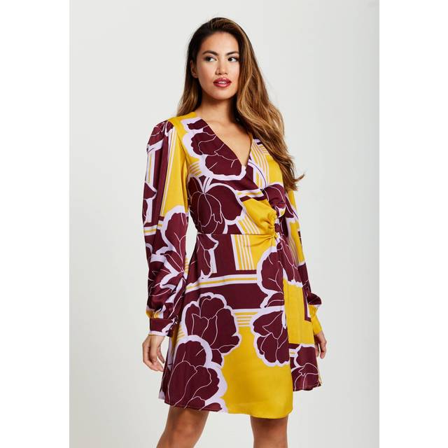 Womens Geometric Floral Print Mini Wrap Dress - Red - 14