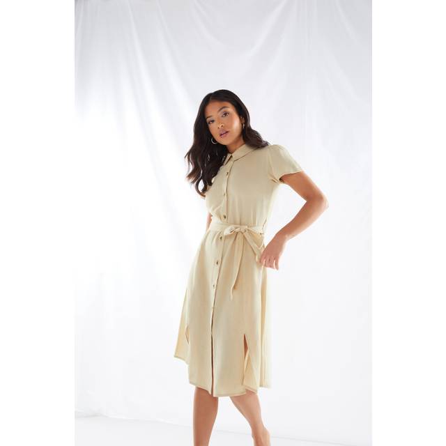 Pixiegirl Stone Brown Linen Button Through Midi Dress 14 Pixiegirl | Petite Women's Casual Dresses