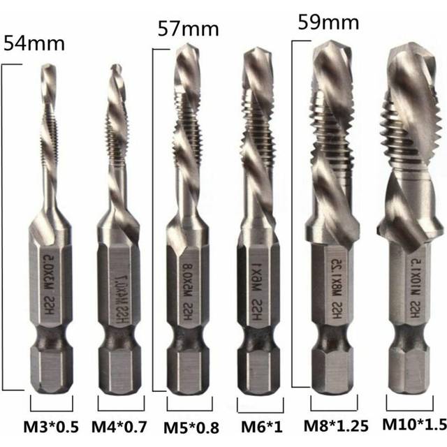 (Six-piece Set Natural Shor Type) 6Pcs 1/4 Inch M3-M10 Screw Tap HSS Combination Drill Tap Bit Set Hex Shank Deburr Countersink Bits
