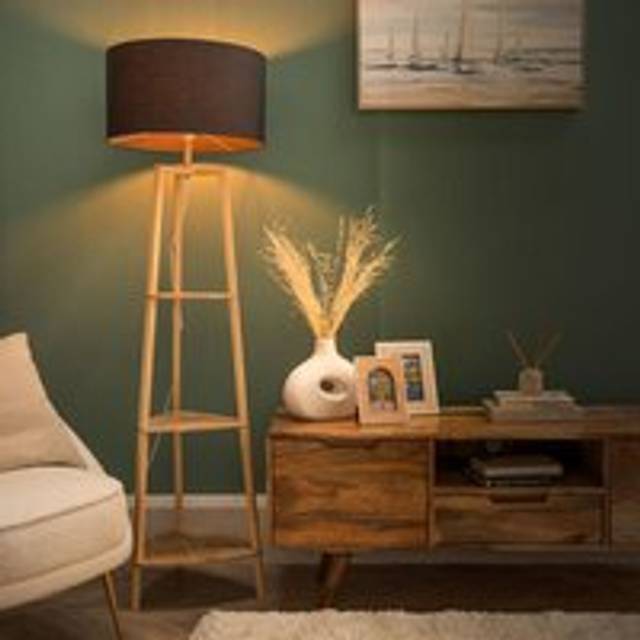 Hiru Natural 3 Tier Wooden Shelf Floor Lamp With Large Black Shade - One Size