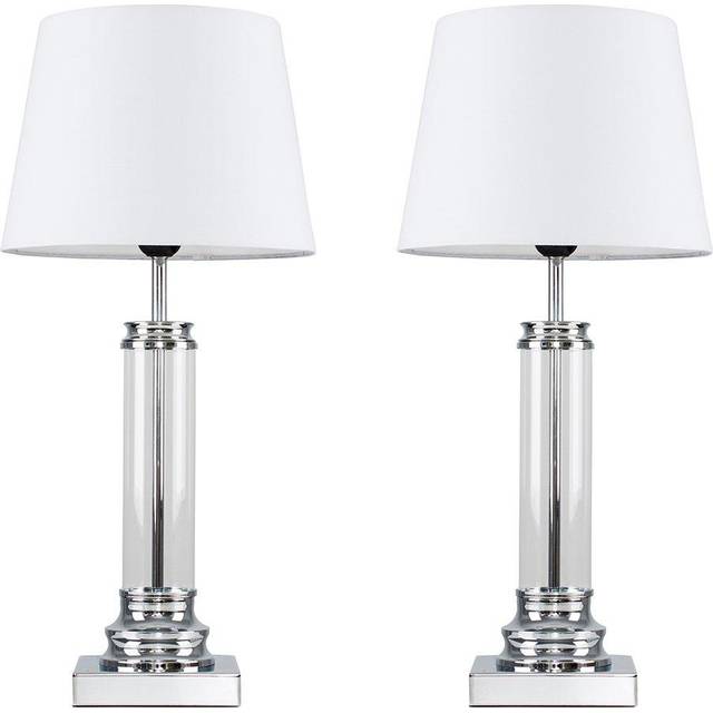 Minisun - Knowles Pair of Modern Clear Glass Column Design Touch Table Lamps with White Shades