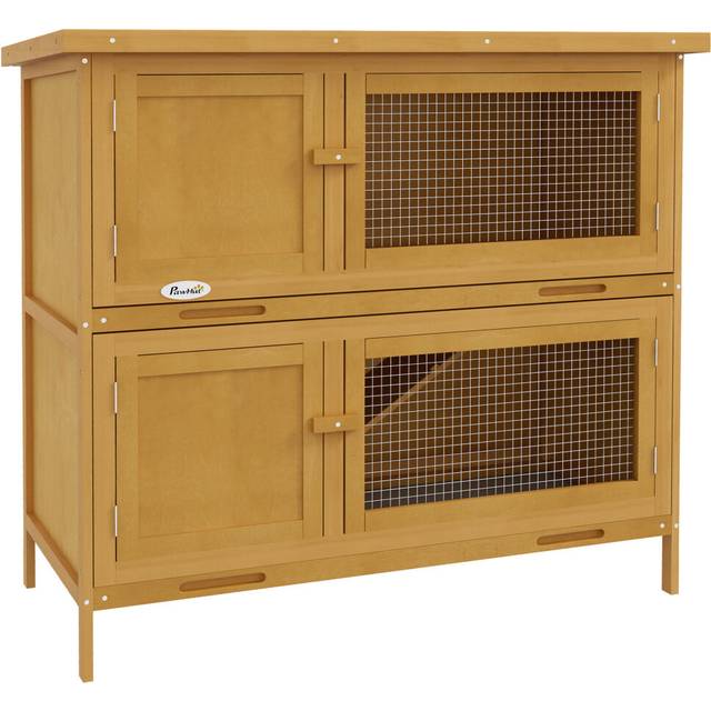 PawHut Double Decker Rabbit Hutch Bunny Cage Pet House Outdoor W/ Tray - Yellow - One Size