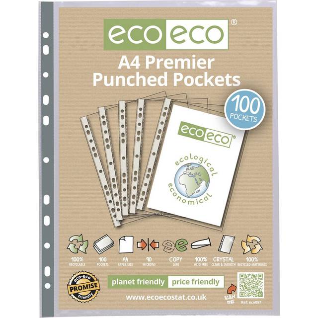 eco-eco A4 100% Recycled Premier Multi Punched Pockets Glass Clear, Transparent Poly Wallet Sheet Protector, 90 Microns (Pack of 100)
