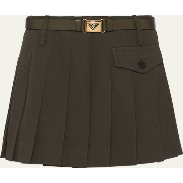 Pleated Gabardine Leather Belted Mini Skirt - MILITARE - 46 IT (10 US)
