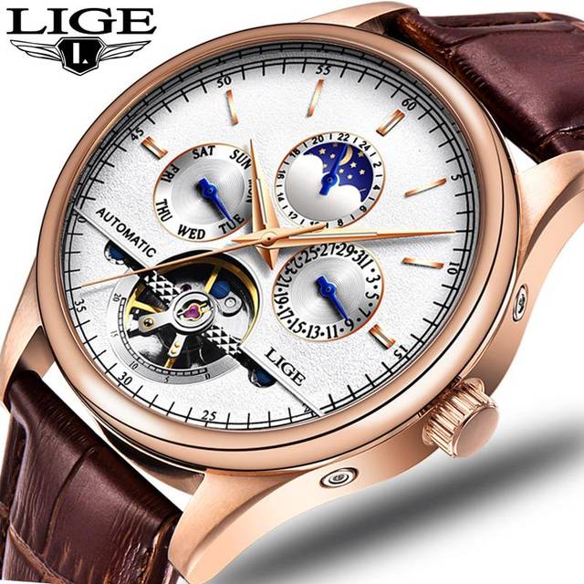 (Gold White) Lige Leather Strap Automatic Men Wrist Watch