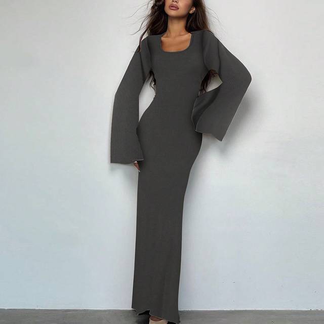SHEIN Women Casual Round Neck Bodycon Long Flare Sleeves Back Tie Elegant Daily Street Spring Long Dress