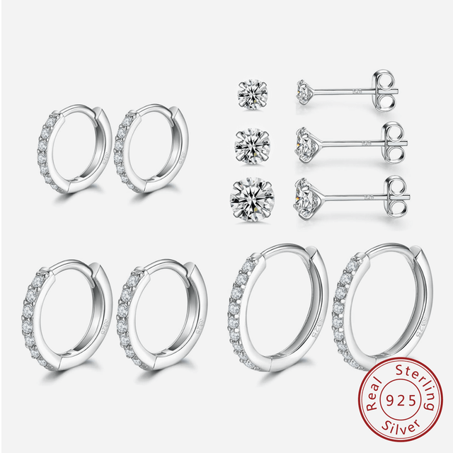 SHEIN Sterling Silver Hoop Earrings | Sterling Silver Stud Earrings For Women - 6 Pairs Hypoallergenic Tiny Cubic Zirconia Stud Earrings Set & Cartilage Ear