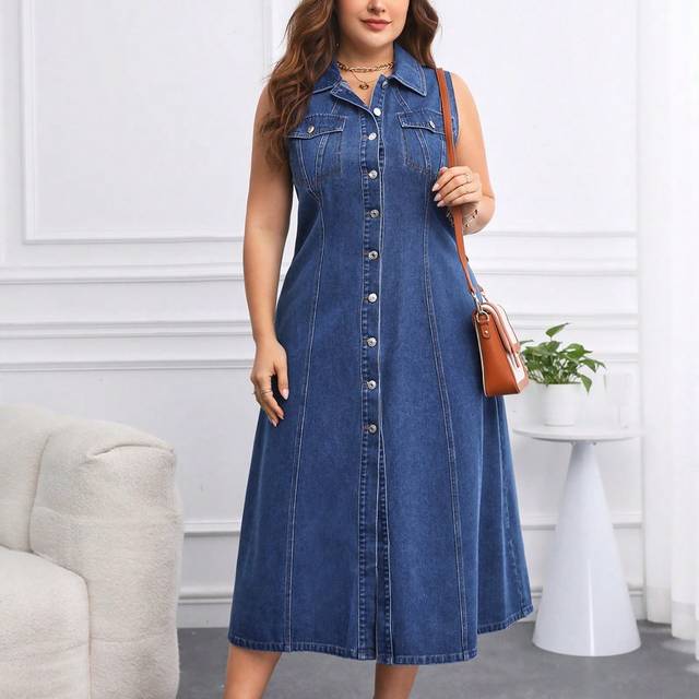 SHEIN Women&#39;s Plus Size Denim Dress Milkmaid Dress  Summer Outfits For Women Festival Outfits Sundress Business Casual Woman