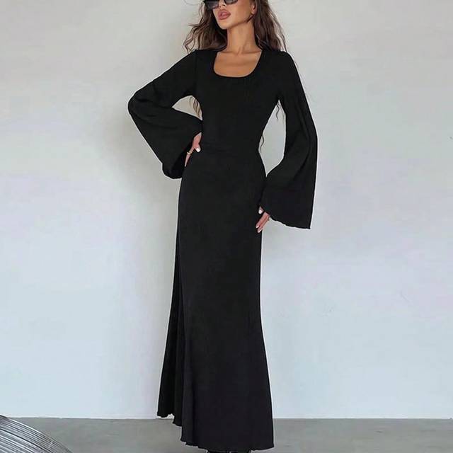 SHEIN Women Casual Round Neck Bodycon Long Flare Sleeves Back Tie Elegant Daily Street Spring Long Dress