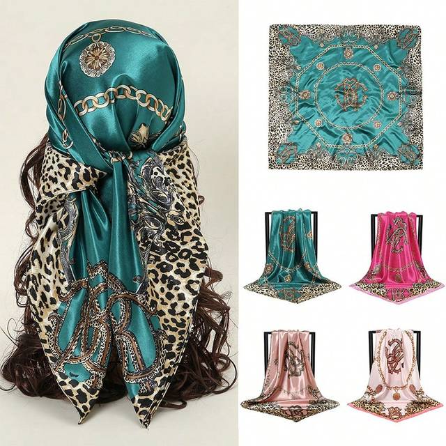 SHEIN 90x90cm Square Silk Scarf With Leopard Print And Chain Decoration For A Versatile And Fashionable Look