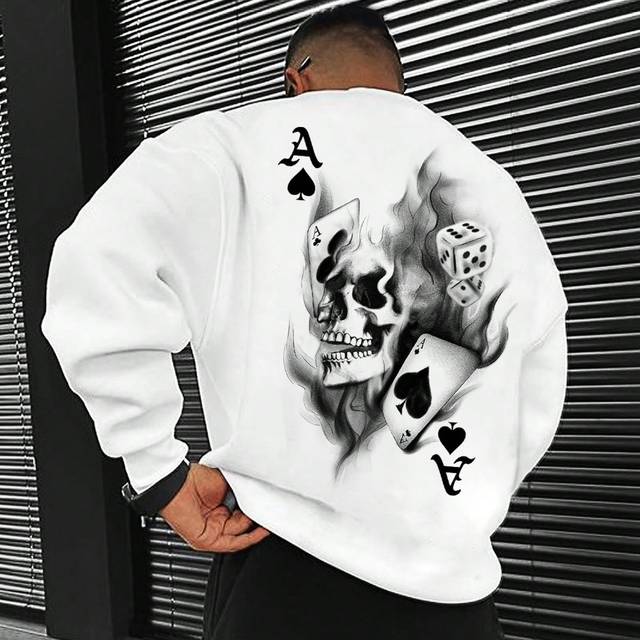 Manfinity Loose Fit Men&#39;s Skull & Poker Pattern Drop Shoulder Sweatshirt Going Out Crew Neck Fashion Graphic Long Sleeve White Sweatshirt, For Friends, Husband,