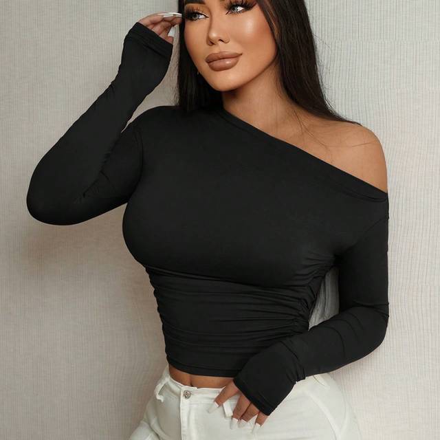 SHEIN Fall Sexy Hollow Out Asymmetrical One Shoulder Long Sleeve T-Shirt