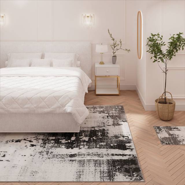 Distressed Abstract Grey Black Area Rug - Grace - Hatton - 60cm x 110cm