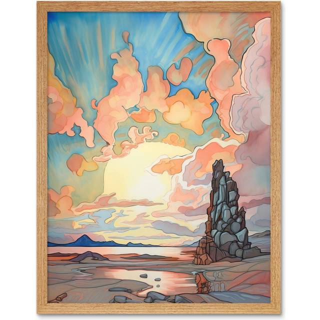 Wall Art Print Atmospheric Clouds Over Mono Lake at Dawn Lakeside Rock Landscape Modern Watercolour Painting Art Framed - Tan - W12 inch x H16 inch