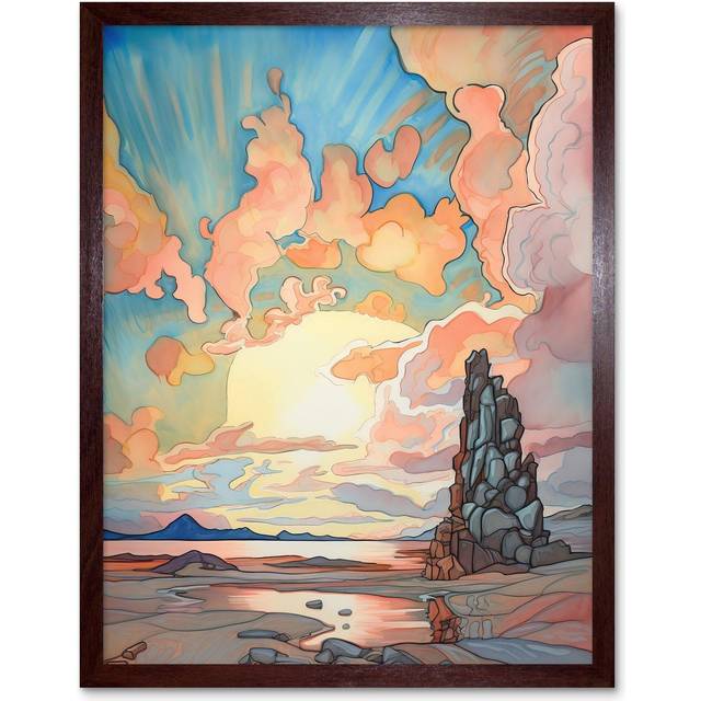 Wall Art Print Atmospheric Clouds Over Mono Lake at Dawn Lakeside Rock Landscape Modern Watercolour Painting Art Framed - Brown - W12 inch x H16 inch