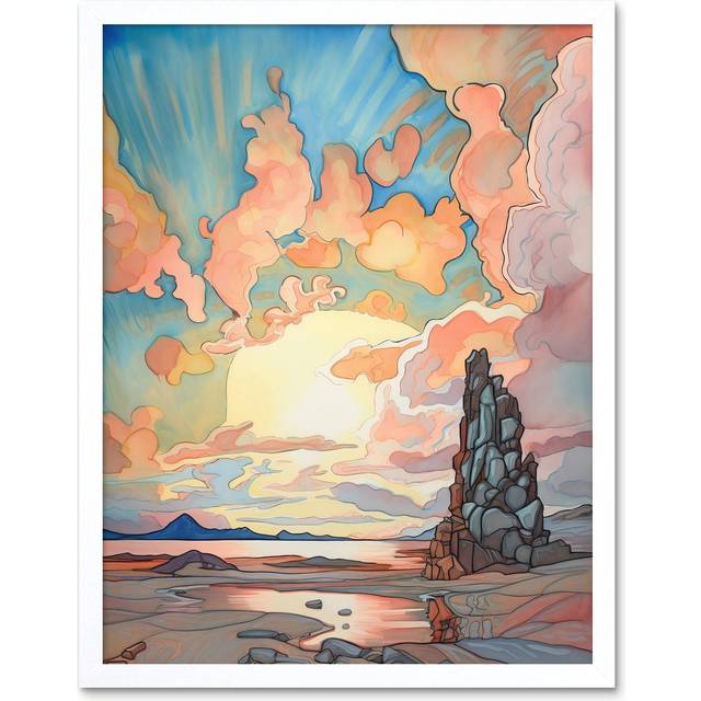 Wall Art Print Atmospheric Clouds Over Mono Lake at Dawn Lakeside Rock Landscape Modern Watercolour Painting Art Framed - White - W12 inch x H16 inch
