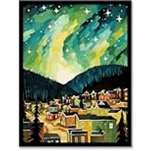 Wall Art Print Yukon Northern Lights Green Teal Blue Living Room Framed - W12 inch x H16 inch