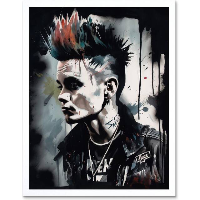 Wall Art Print Punk Rock Music Fashion Young Man with a Mohawk Modern Watercolour Painting Art Framed - White - W12 inch x H16 inch