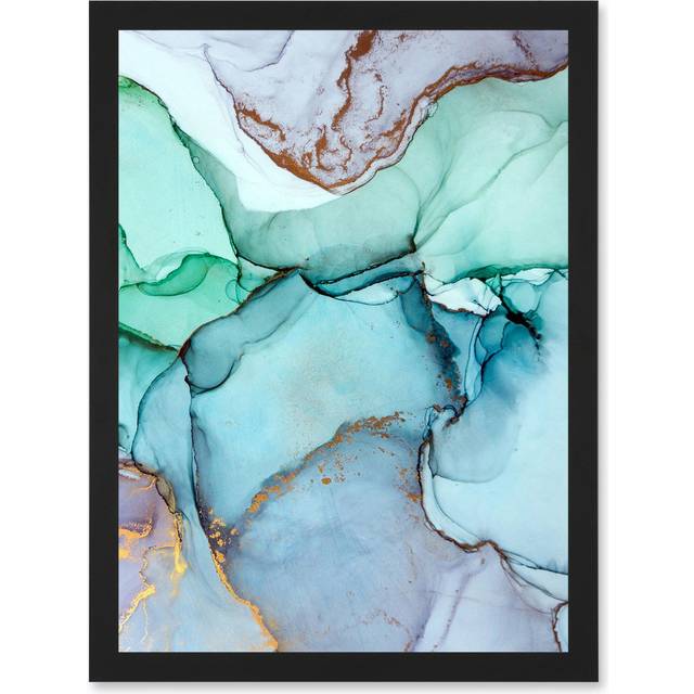 Abstract Paint Cool Colours Pastel Green Blue Purple Water Effect Artwork Framed Wall Art Print A4 - Black - One Size