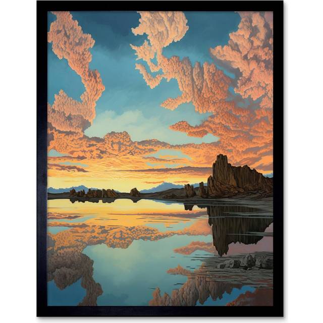 Wall Art Print Atmospheric Cloud Reflections Early Morning Dawn at Mono Lake Modern Watercolour Painting Art Framed - Black - W12 inch x H16 inch