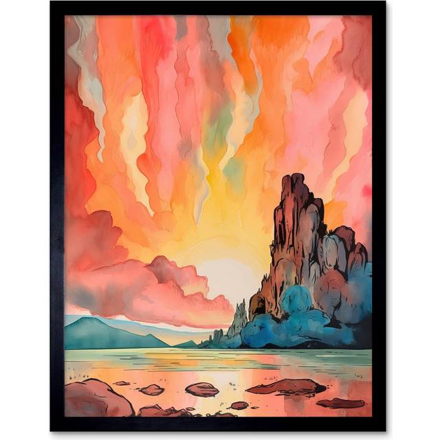 Wall Art Print Mono Lake Atmospheric Pink Sky Sunset Clouds Vibrant Lakescape Modern Watercolour Painting Art Framed - Black - W12 inch x H16 inch