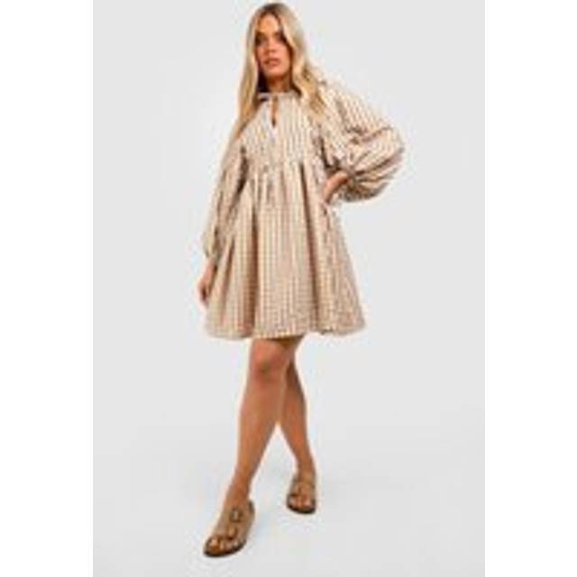 Womens Plus Gingham Textured Blouse Sleeve Smock Dress - Beige - 28