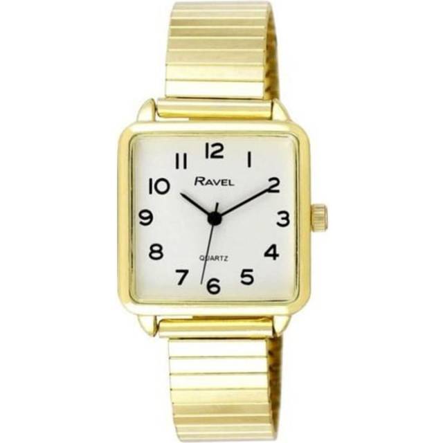 Ladies rectangular watch + gold tone expanding strap by ravel model r0239.01.2