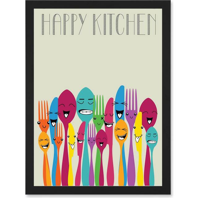 Happy Colourful Cutlery Kitchen Food Artwork Framed Wall Art Print A4 - Black - One Size