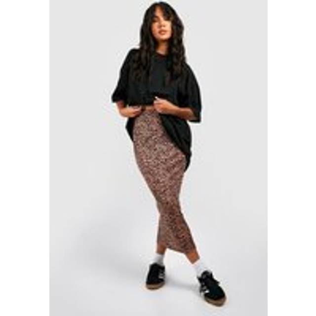 Womens Leopard Ribbed Midi Skirt - Beige - 10, Beige