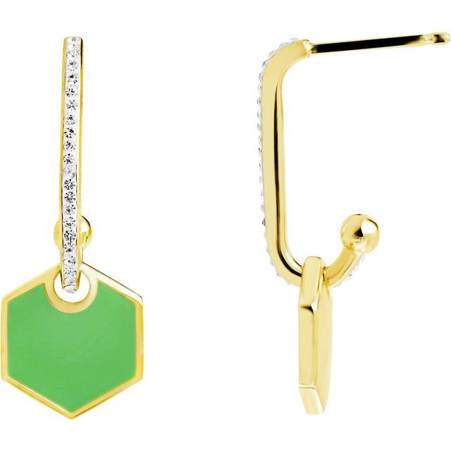 Green Enamel & Crystal Hexagon Stud Earrings - Gold - One Size
